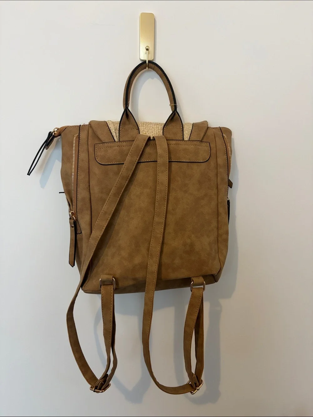 Tan Suede-Style Backpack with Woven Front Flap